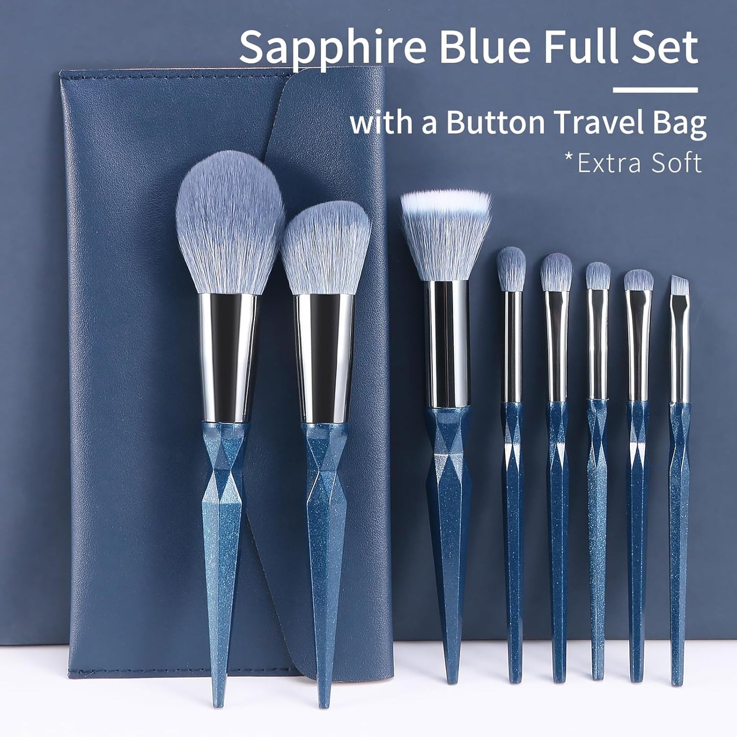 Sapphire Blue Vegan Makeup Brush Set with Case - Professional Glitter Cosmetic Brushes