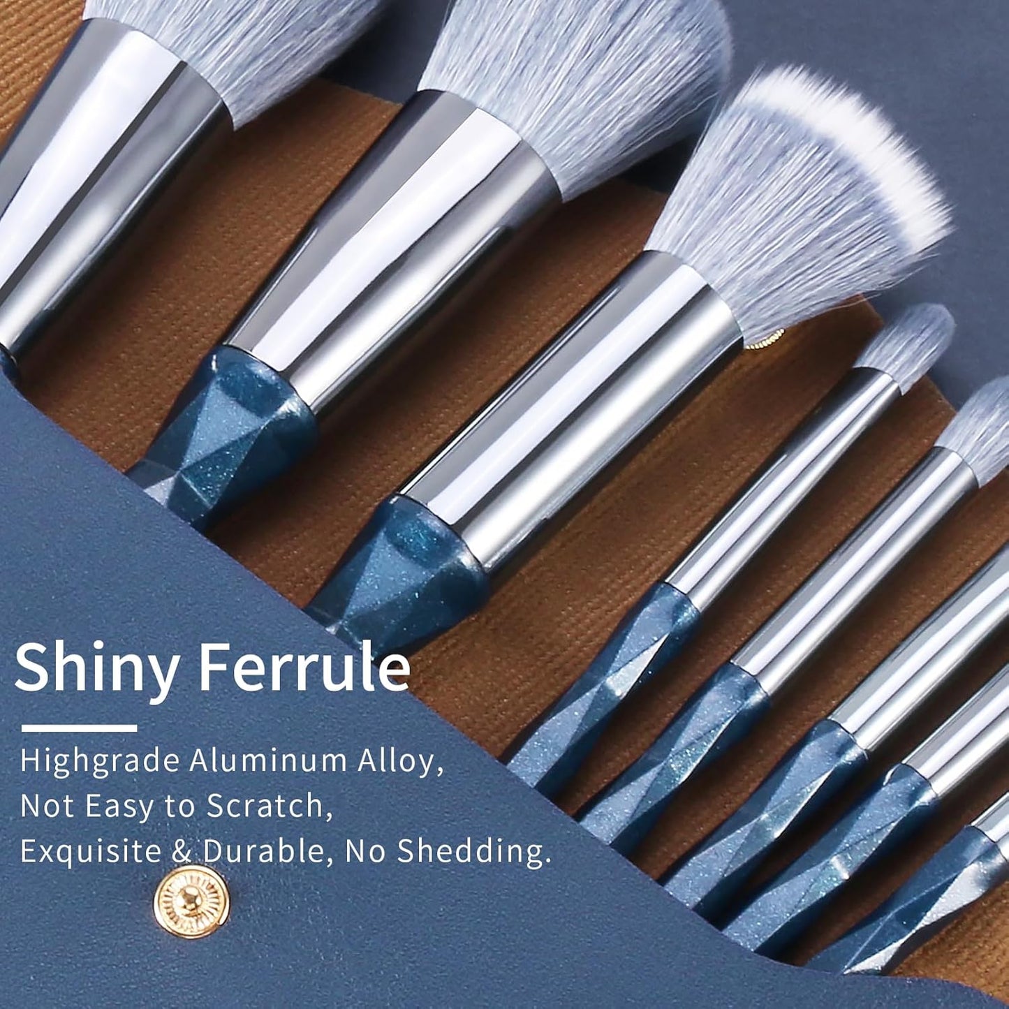 Sapphire Blue Vegan Makeup Brush Set with Case - Professional Glitter Cosmetic Brushes
