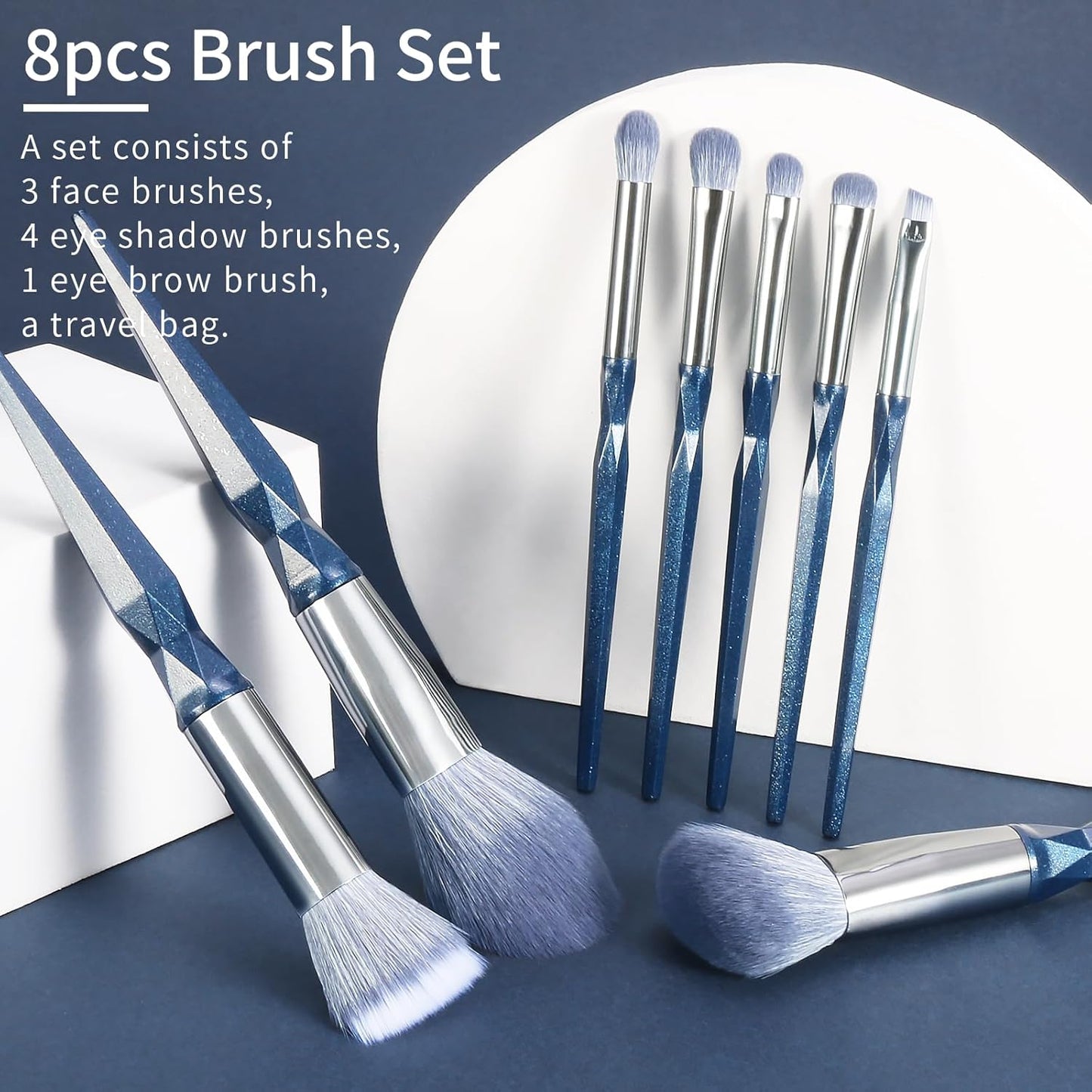 Sapphire Blue Vegan Makeup Brush Set with Case - Professional Glitter Cosmetic Brushes