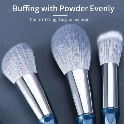 Sapphire Blue Vegan Makeup Brush Set with Case - Professional Glitter Cosmetic Brushes